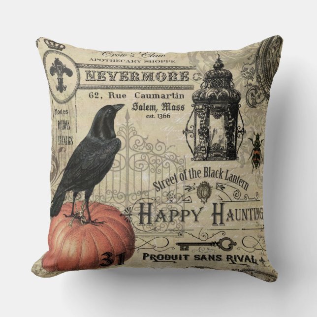 modern vintage halloween pumpkin and crow throw pillow (Front)