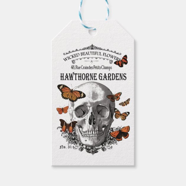 Modern Vintage Halloween Skull And Butterflies Gift Tags