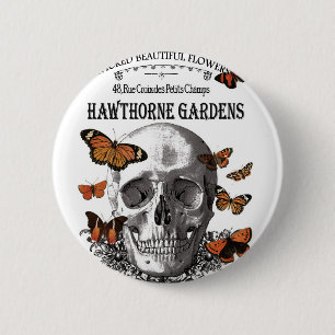 modern vintage Halloween skull and butterflies Pinback Button
