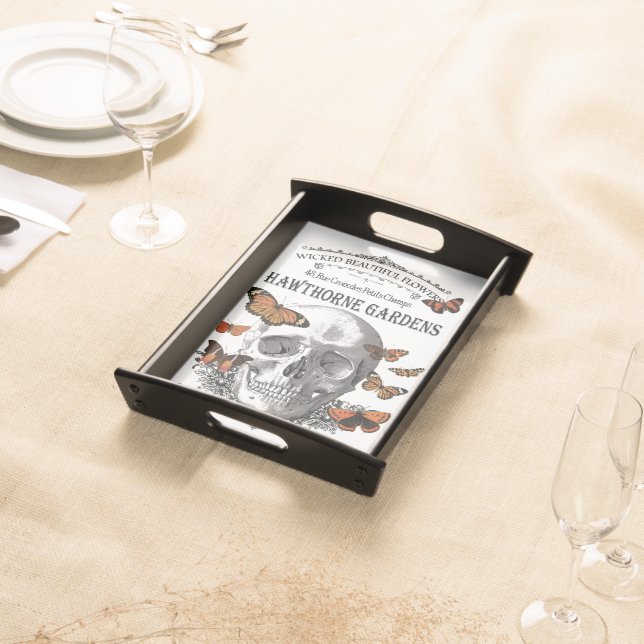 modern vintage Halloween skull and butterflies Serving Tray (Front)