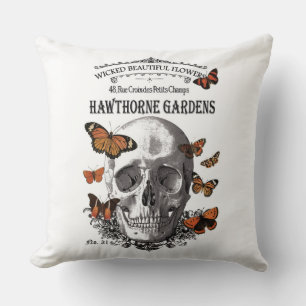 modern vintage Halloween skull and butterflies Throw Pillow