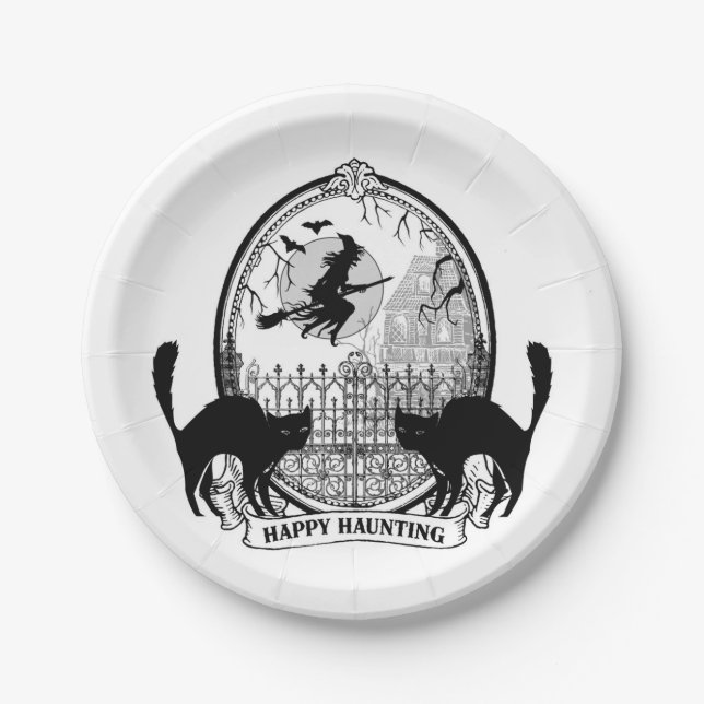 modern vintage Halloween witch and cats Paper Plates (Front)