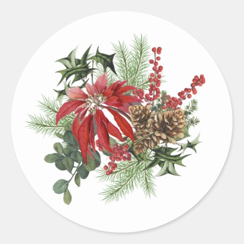 modern vintage holiday poinsettia floral classic round sticker