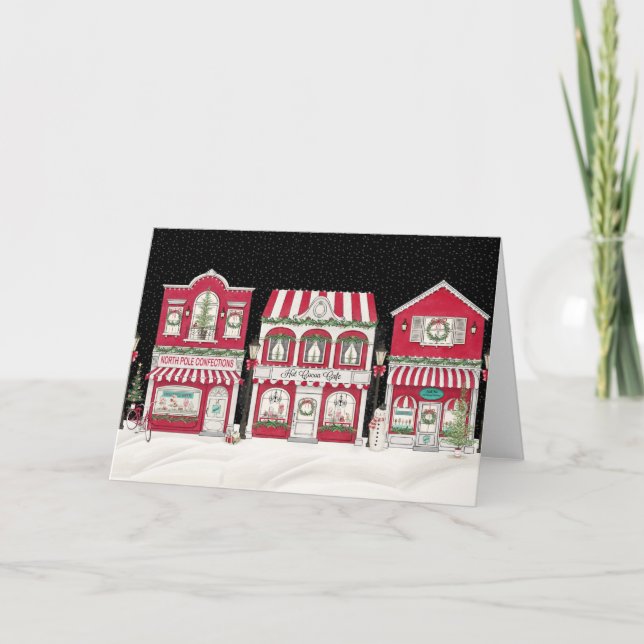 Modern vintage holiday village greeting card (Front)