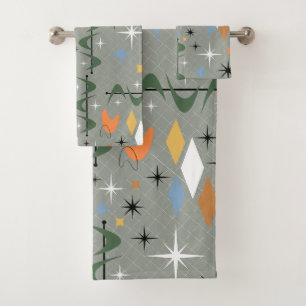 Modern vintage iconic stomic starbursts grey lines bath towel set