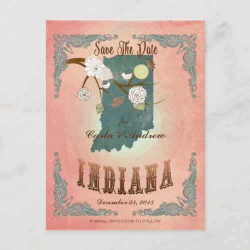Modern Vintage Indiana State Map_ Pastel Peach Announcement Postcard