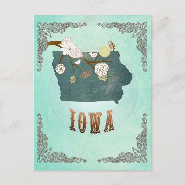 Modern Vintage Iowa State Map – Turquoise Blue Postcard (Front)