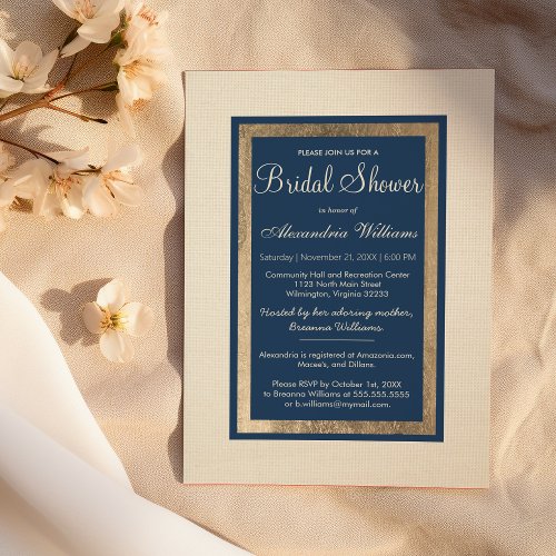 Modern Vintage Ivory Navy Elegant Bridal Shower Invitation