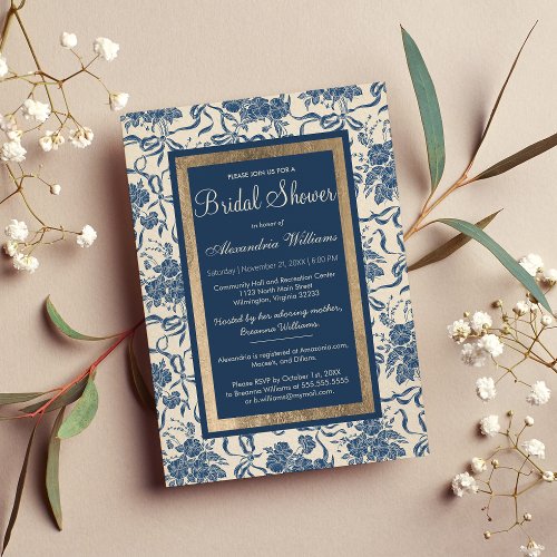 Modern Vintage Ivory Navy Floral Bridal Shower Invitation Postcard