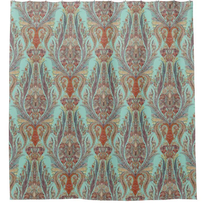 Modern Vintage Kashmir Paisley, Turquoise And Brown Paisley Shower Curtain