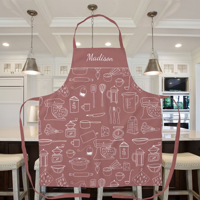 Modern Vintage Kitchen Utensils Cute Doodle Apron (In situ)