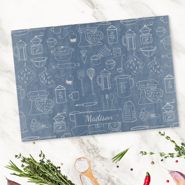 Modern Vintage Kitchen Utensils Cute Doodle Cutting Board (In situ)