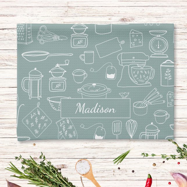 Modern Vintage Kitchen Utensils Cute Doodle Kitchen Towel (In situ)