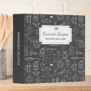Modern Vintage Kitchen Utensils Cute Doodle Recipe 3 Ring Binder