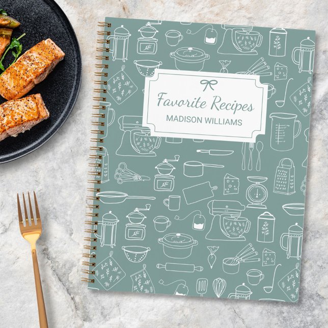 Modern Vintage Kitchen Utensils Cute Doodle Recipe Notebook (In situ)