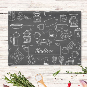Modern Vintage Kitchen Utensils Cute Doodle Towel