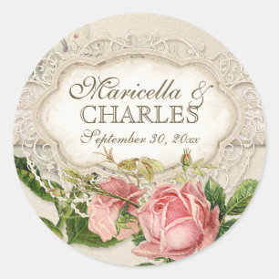 Modern Vintage Lace Tea Stained Hydrangea n Roses Classic Round Sticker