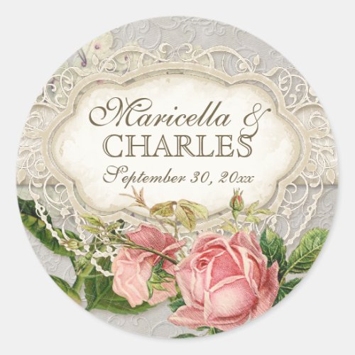 Modern Vintage Lace Tea Stained Hydrangea n Roses Classic Round Sticker
