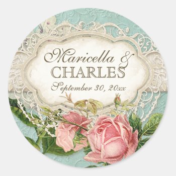 Modern Vintage Lace Tea Stained Hydrangea N Roses Classic Round Sticker by VintageWeddings at Zazzle