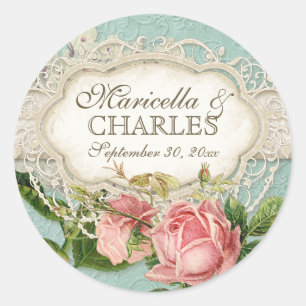 Modern Vintage Lace Tea Stained Hydrangea n Roses Classic Round Sticker