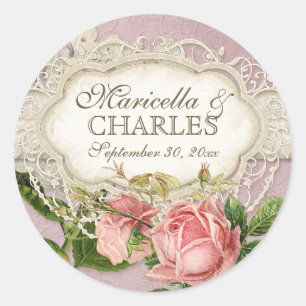Modern Vintage Lace Tea Stained Hydrangea n Roses Classic Round Sticker