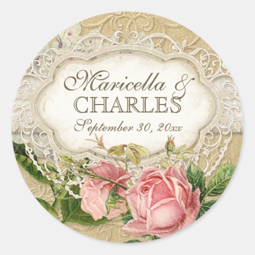 Modern Vintage Lace Tea Stained Hydrangea n Roses Classic Round Sticker