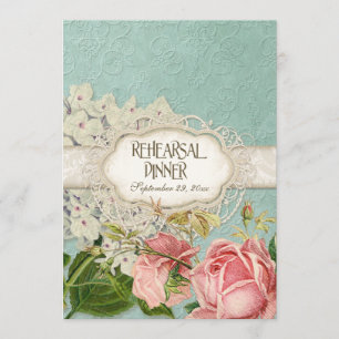 Modern Vintage Lace Tea Stained Hydrangea n Roses Invitation