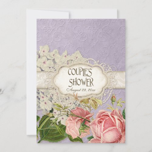 Modern Vintage Lace Tea Stained Hydrangea n Roses Invitation