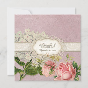 Modern Vintage Lace Tea Stained Hydrangea n Roses Invitation