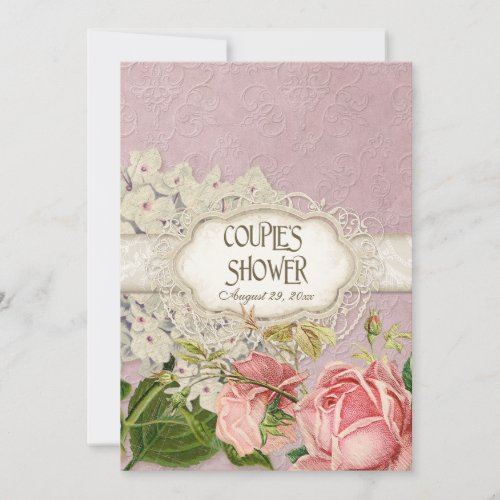 Modern Vintage Lace Tea Stained Hydrangea n Roses Invitation