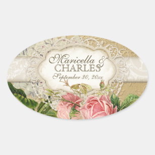 Modern Vintage Lace Tea Stained Hydrangea n Roses Oval Sticker