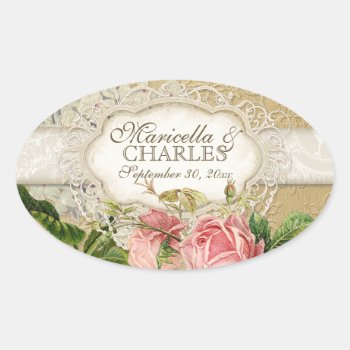 Modern Vintage Lace Tea Stained Hydrangea N Roses Oval Sticker by VintageWeddings at Zazzle