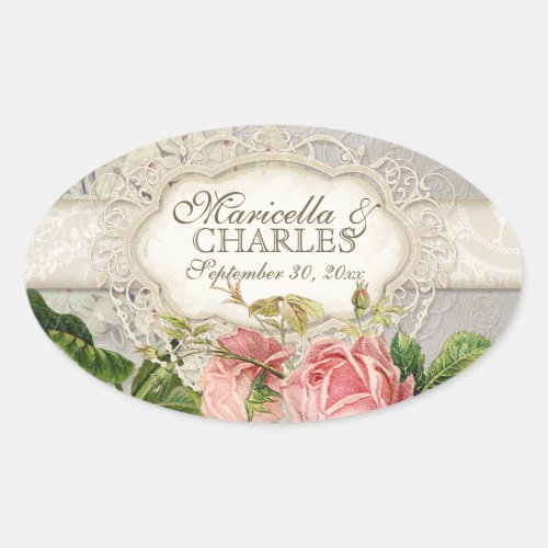 Modern Vintage Lace Tea Stained Hydrangea n Roses Oval Sticker