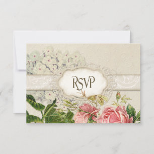Modern Vintage Lace Tea Stained Hydrangea n Roses RSVP Card