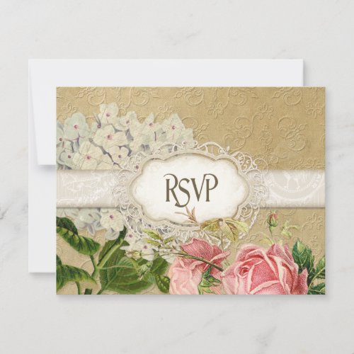 Modern Vintage Lace Tea Stained Hydrangea n Roses RSVP Card