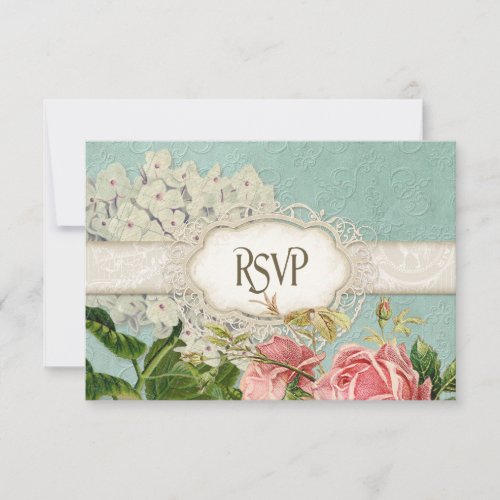 Modern Vintage Lace Tea Stained Hydrangea n Roses RSVP Card