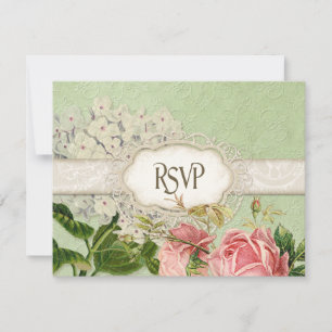 Modern Vintage Lace Tea Stained Hydrangea n Roses RSVP Card