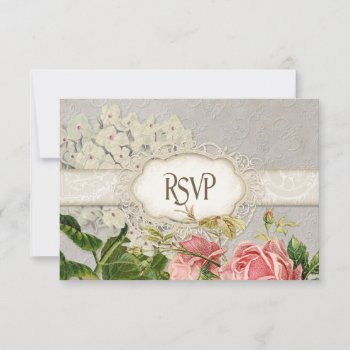Modern Vintage Lace Tea Stained Hydrangea N Roses Rsvp Card by VintageWeddings at Zazzle