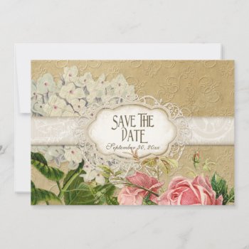 Modern Vintage Lace Tea Stained Hydrangea N Roses Save The Date by VintageWeddings at Zazzle