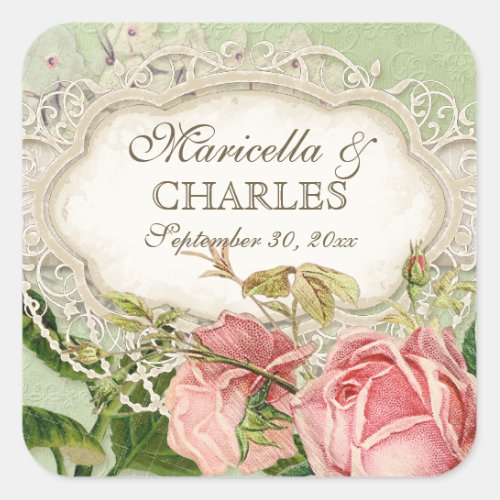 Modern Vintage Lace Tea Stained Hydrangea n Roses Square Sticker