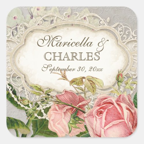 Modern Vintage Lace Tea Stained Hydrangea n Roses Square Sticker