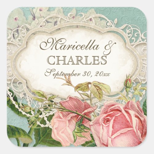 Modern Vintage Lace Tea Stained Hydrangea n Roses Square Sticker