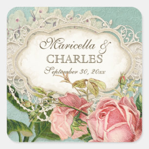 Modern Vintage Lace Tea Stained Hydrangea n Roses Square Sticker