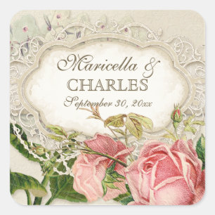 Modern Vintage Lace Tea Stained Hydrangea n Roses Square Sticker
