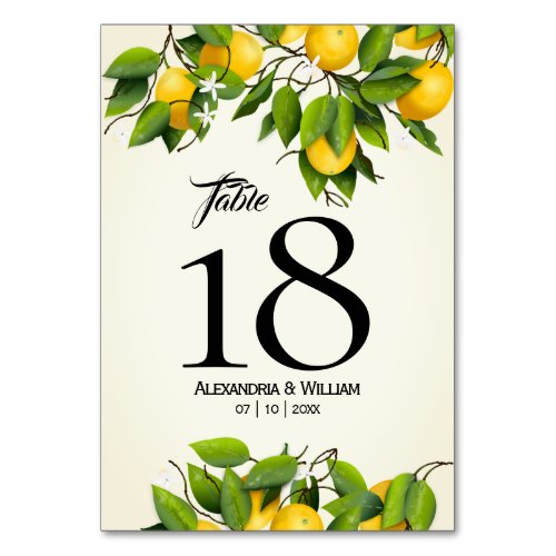 Modern Vintage Lemon Fruit  Wedding Table Number