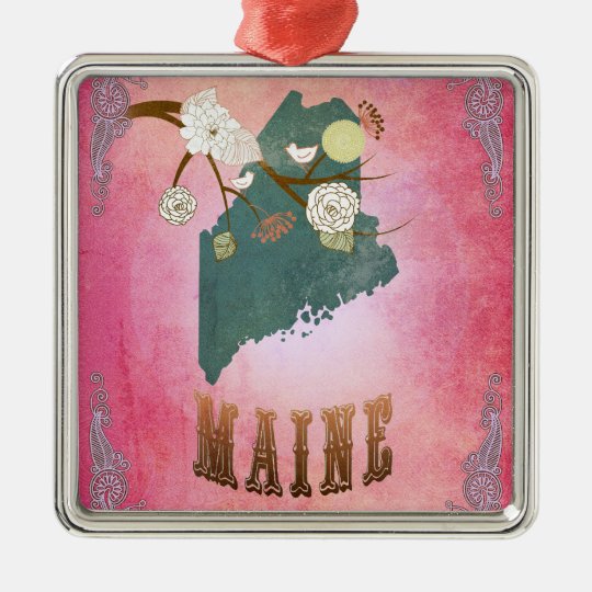 Modern Vintage Maine State Map- Candy Pink Metal Ornament