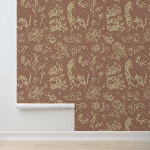 Modern Vintage Mocha Brown Horse Floral Wallpaper
