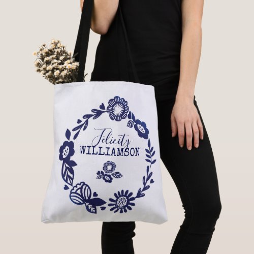 Modern Vintage Navy Blue  White Floral Wreath Tote Bag