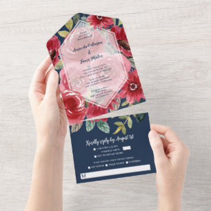 Modern Vintage Navy Burgundy Red Floral Wedding All In One Invitation