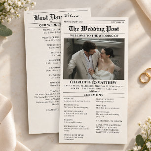 Modern Vintage Newspaper Photo Beige Wedding Program